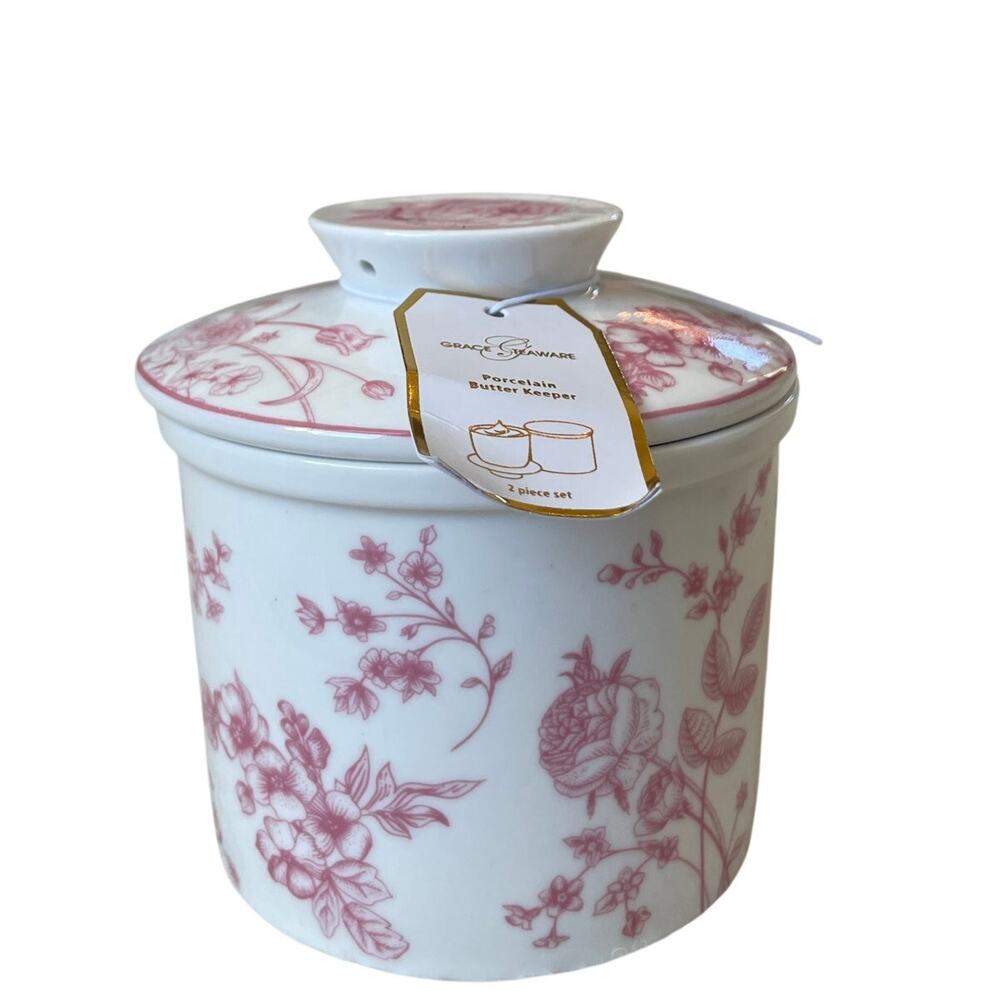 Grace Teaware Fine Porcelain Pink Floral Butter Crock w/ Lid NEW